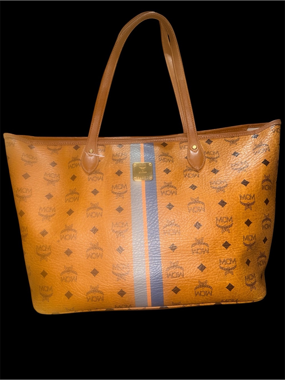MCM Cognac Monogram Stripe Tote with Blue and Orange Center Stripe